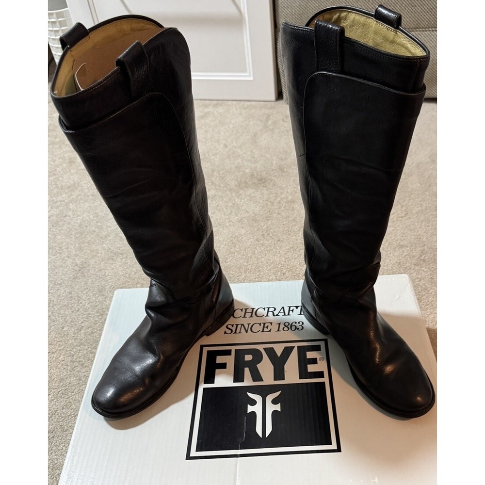FRYE PaigeTall Riding Black Leather Boots Size 9‎ 77535 Includes Box